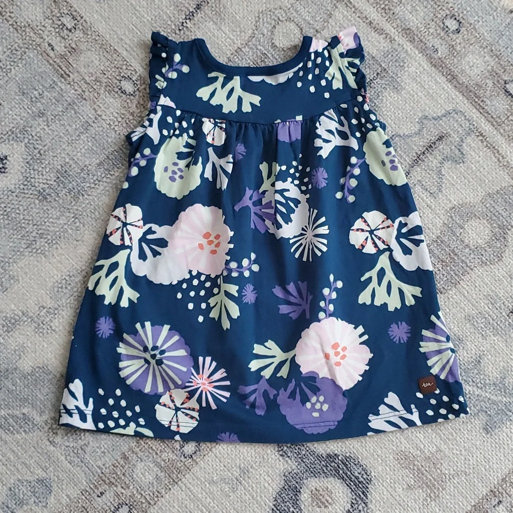 Tea Collection Baby Girls Navy Coral Abstract Print Dress Sz9-12m